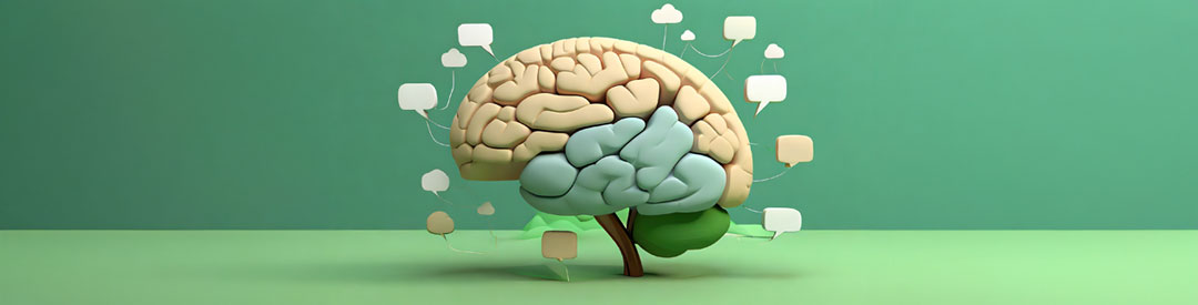 Brain on green background connected to chat bubbles